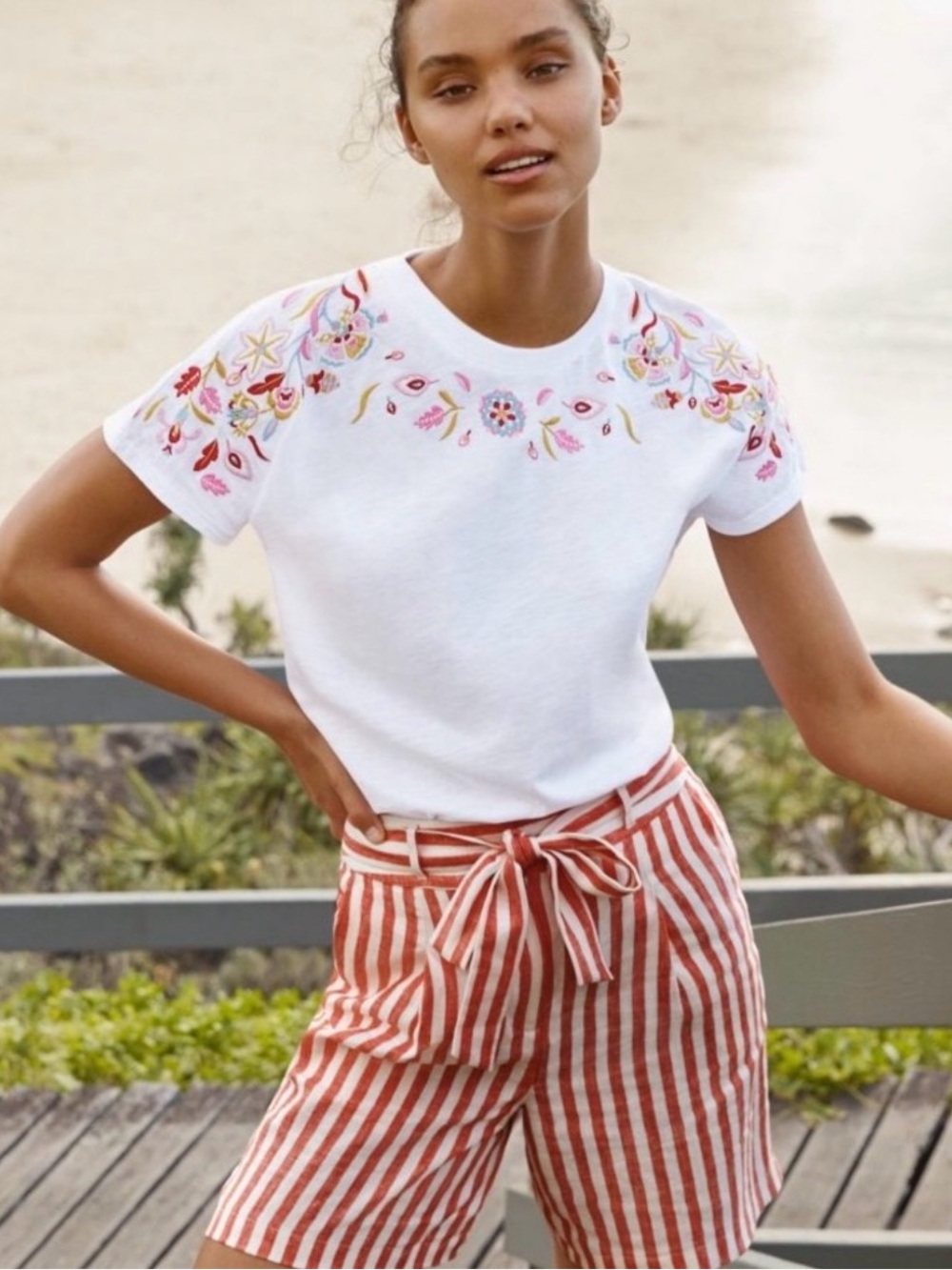 Boden White Embroidered Short Sleeve Cotton Top - Floral Detail - 6